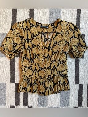 Catherine Malandrino Mustard and Black Snake skin print V-Neck Peplum Top